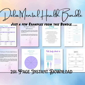 May include: A digital printable bundle for mental health with a pastel color scheme. The bundle includes pages for daily affirmations, budget tracking, a wheel of life, a full body check-in, and a weekly planner. The text "291 PAGE INSTANT DOWNLOAD" is at the bottom of the image.
