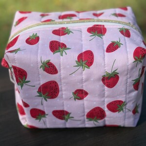 Peut inclure: Une trousse de maquillage rectangulaire matelassée, avec un fond rose et un motif de fraises rouges avec des feuilles vertes. La trousse a une fermeture éclair dorée et est probablement utilisée pour ranger du maquillage ou des articles de toilette.