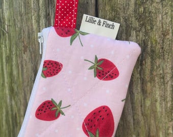 Strawberries Change Purse, zipper pouch, small card holder wallet, card wallet pouch, keychain pouch, Mini clutch wallet keychain,