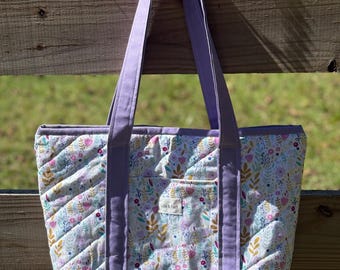 Purple Floral Cottagecore Cotton Tote Bag with Interior and Exterior Pockets, Quilted Bag
