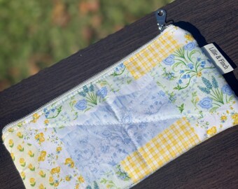 Yellow Patchwork Handmade Quilted Flat Pouch – Glasses Case, Pen Pouch & Everyday Essentials Holder With a Top Zipper Closure
