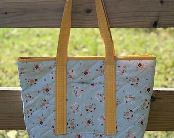 Soft Floral Cottagecore Cotton Tote Bag with Interior and Exterior Pockets, Quilted Bag