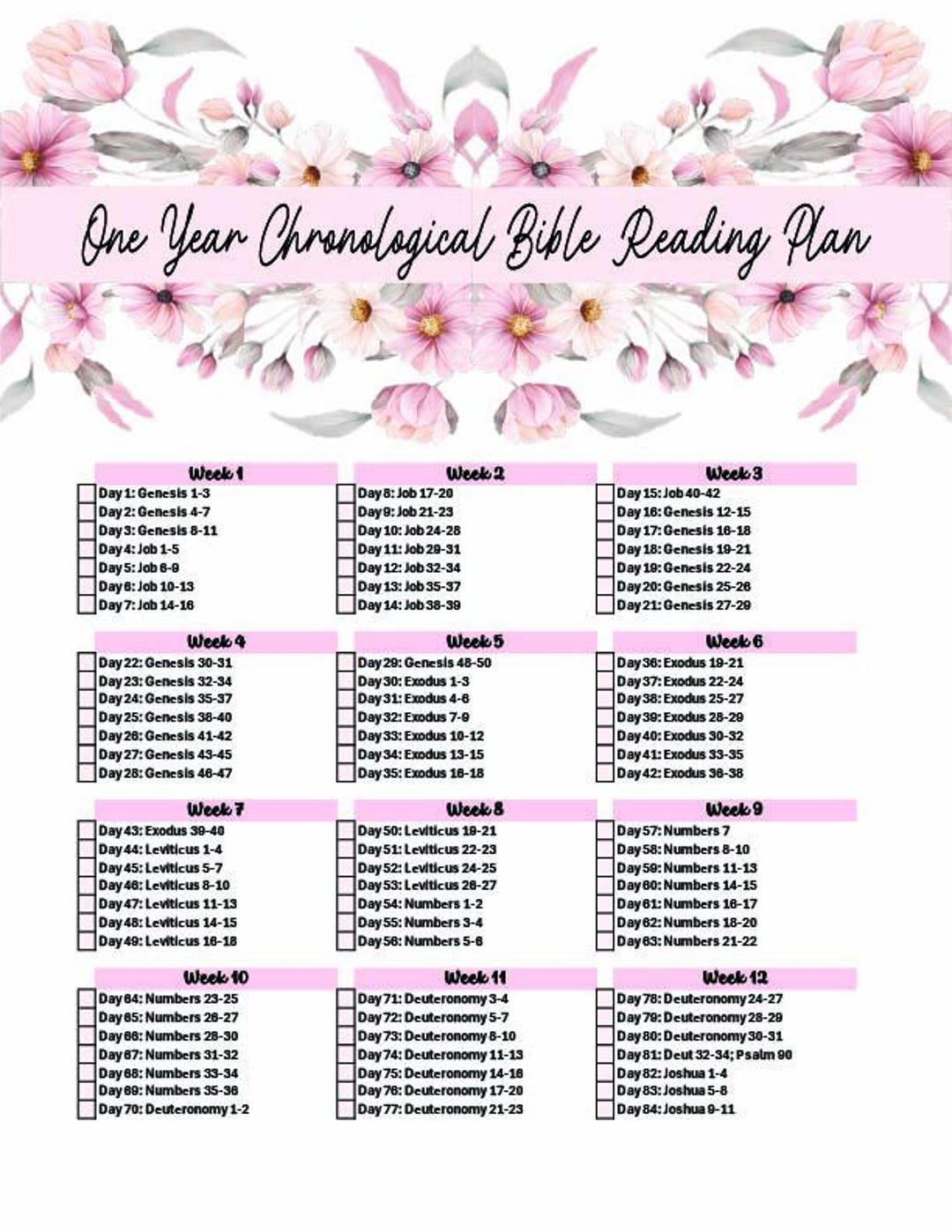 Chronological Bible Reading Plan Printable Bible Tracker One Year Bible ...