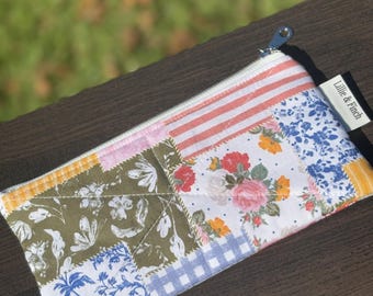 Colorful Patchwork Handmade Quilted Flat Pouch – Glasses Case, Pen Pouch & Everyday Essentials Holder With a Top Zipper Closure