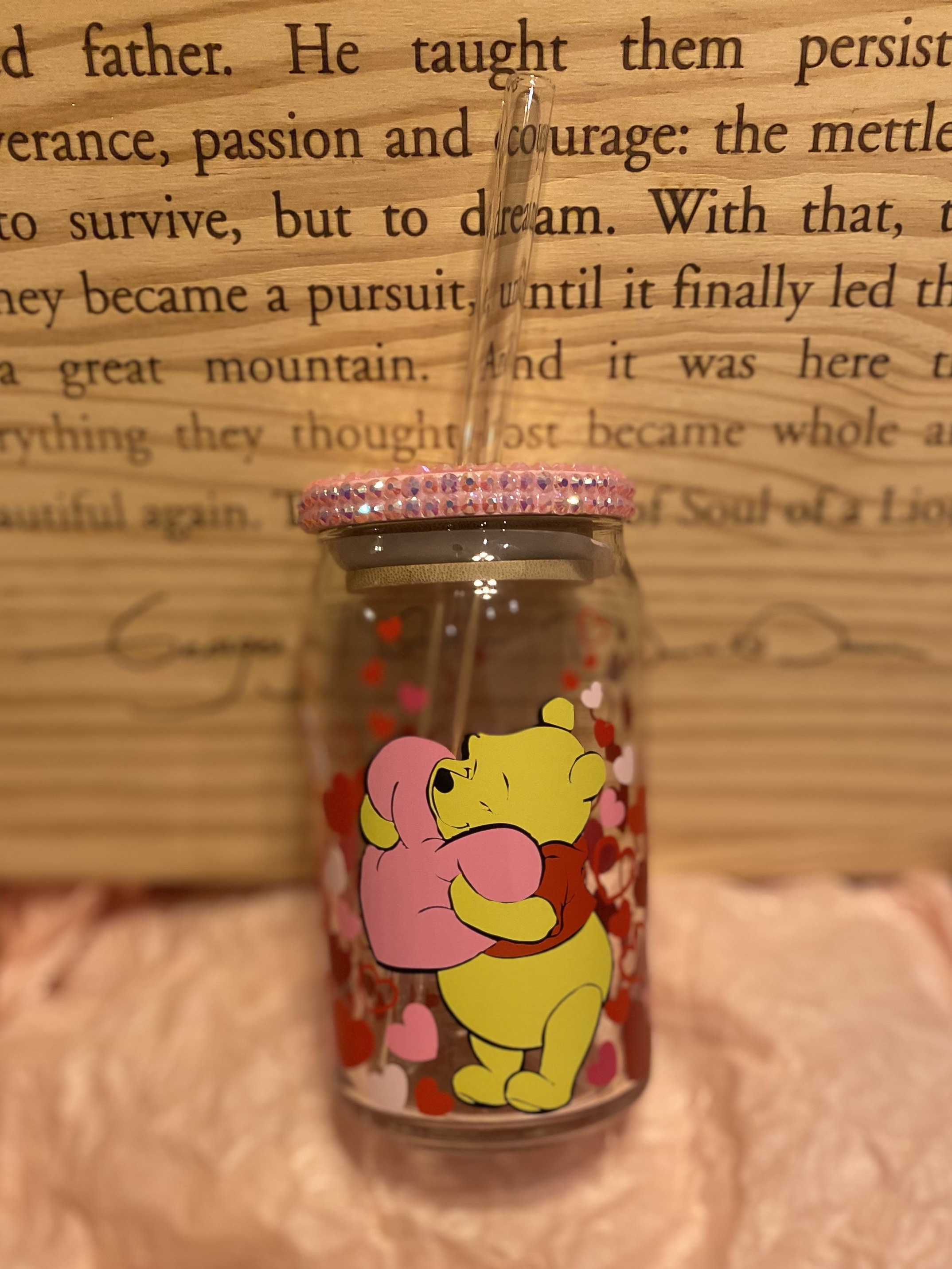 Winnie The Pooh Glass Can | Rhinestone Lid & Glass Straw
