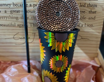 Sunflower Cold Cup: Rose Gold Rhinestone Lid & Black Straw