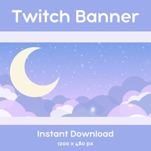 Puede incluir: Un banner de Twitch morado y azul con una luna creciente y estrellas blancas sobre un fondo de nubes esponjosas. El texto "Twitch Banner" está en la parte superior de la imagen y "Instant Download 1200 x 480 px" está en la parte inferior.