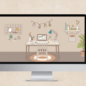 May include: A digital illustration of a home office workspace with a computer, desk, chair, lamp, calendar, plants, and a wall with a grid of photos and notes.