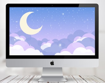Kawaii Moon Desktop Wallpaper: Lilac Sky PC Background (1920x1080 px)