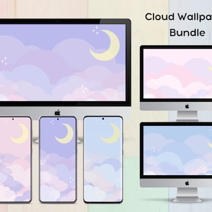 May include: A Cloud Wallpaper Bundle is displayed on various devices. The screens show a pastel sky design with clouds, moons, and stars. The devices include desktop computers and smartphones, all showcasing the same dreamy aesthetic.