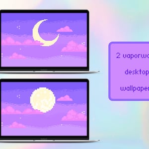 Vaporwave Moon Desktop Wallpaper: Pixel Art PC Background (2-Pack) (Digital Download)