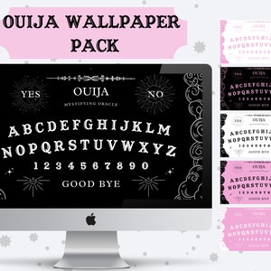 May include: A computer monitor displays a black Ouija board design with white lettering and decorative elements. The text includes "OUIJA WALLPAPER PACK", "YES", "NO", the alphabet, numbers, and "GOOD BYE". Several variations of the design are shown.