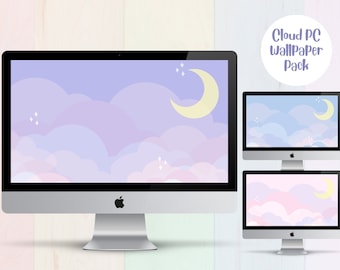 Kawaii Cloud Desktop Wallpaper: Pastel PC Background (PNG Digital Download)