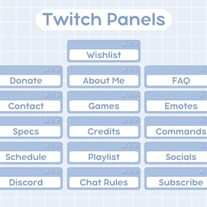 Op de afbeelding: Een lichtblauwe afbeelding met de tekst "Twitch Panels" bovenaan. De afbeelding bevat 15 rechthoekige knoppen met afgeronde hoeken, elk met een ander tekstlabel. De knoppen zijn in een rasterpatroon gerangschikt.