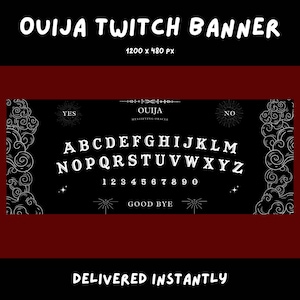 May include: A black and white Ouija board with the alphabet, numbers 0-9, and the words "YES", "NO", and "GOOD BYE". The board is surrounded by a decorative border of clouds.