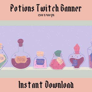 May include: A digital illustration of six potion bottles with various colored liquids and labels. The bottles are arranged on a shelf against a purple background with white stars. The labels read "Potion", "Elixir", and "Potion".