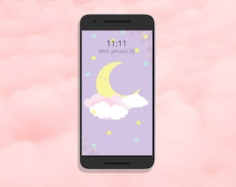 Kawaii Pastell Mond Handy Hintergrundbilder, Süßer Handy Hintergrund, Pastell Mond Handy, Kawaii Hintergrund, iPhone Hintergrundbild, Android Hintergrundbild