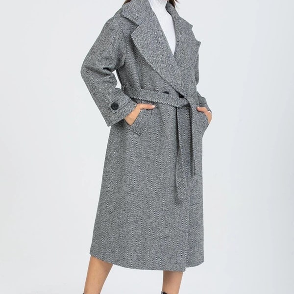 SAOL 100% Merino Wool Ladies Double Breasted Shawl Collar Coat, in Grey