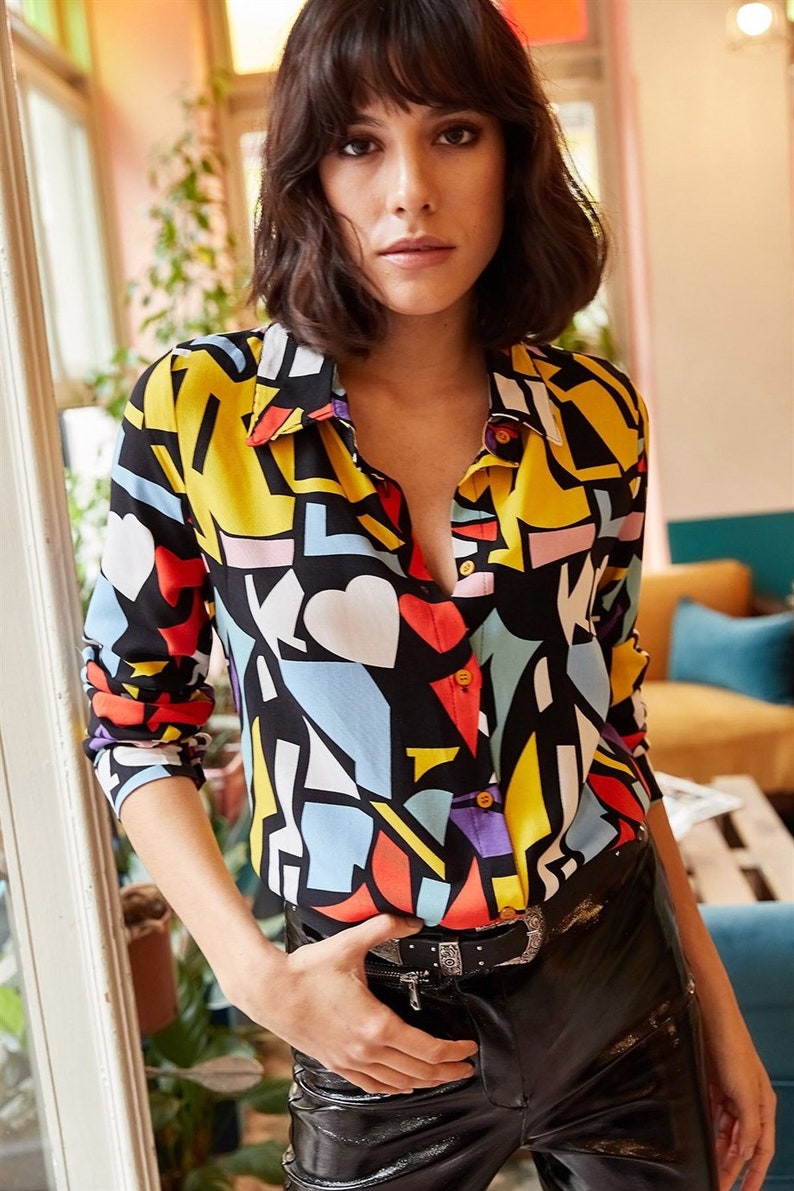 Colorful Geometric Print Blouse Long Sleeve Button Down image 1