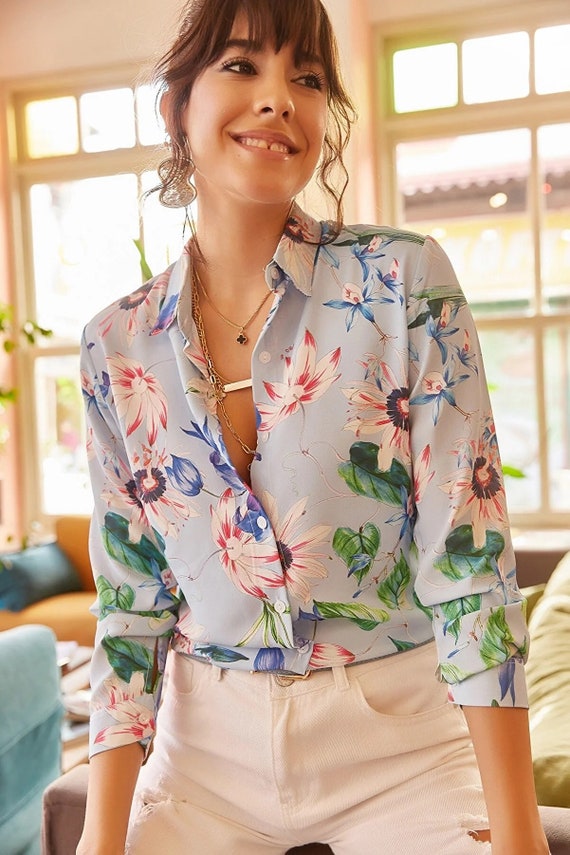Blue Floral Blouse for Women Minimalist Button Down Shirt 