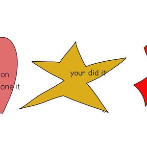 May include: A hand-drawn image with a pink heart, a yellow star, and a red X. The heart has the text "congration you done it". The star says "your did it". The X says "your didnt it".