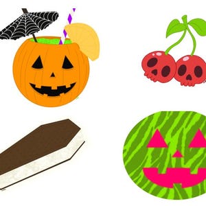 May include: A collection of Halloween-themed illustrations. Includes an orange pumpkin cocktail with a spiderweb umbrella, a pair of red skull cherries, a coffin-shaped ice cream sandwich, and a watermelon with a jack-o'-lantern face.