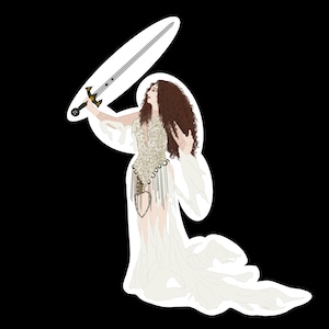 May include: Illustration of a person in a white gown holding a sword. The gown has a detailed bodice and flowing skirt. The person has long, curly brown hair. The sword has a silver blade and a gold hilt.