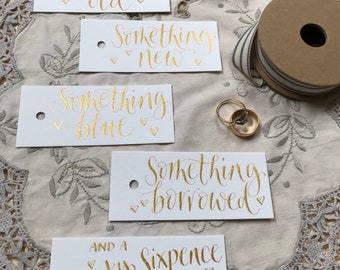 Gold Calligraphy Wedding Favour Tags - Something Old, New, Borrowed, Blue - Set of 5