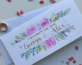 Personalised Watercolour Floral Wedding Money Wallet – Calligraphy Card for Bride Groom