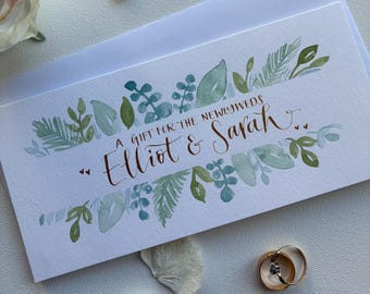 Personalised Watercolour Foliage Wedding Money Wallet – Calligraphy Card for Bride Groom