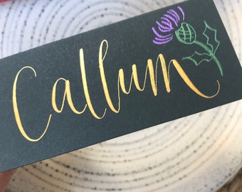 Thistle Place Card: Gold Calligraphy, Scottish Wedding, Burns Night