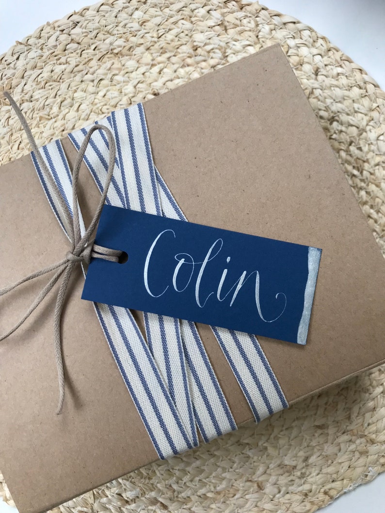 Personalised Navy Gift Tag - Hand-lettered With Calligraphy - Gold or ...