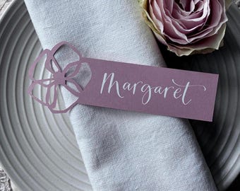 Hand Lettered Calligraphy Place Card – Elegant Floral Cutout Wedding Name Card - Table Decor