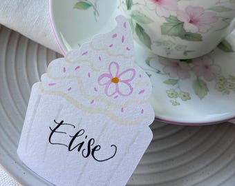 Cupcake Place Card - Handwritten Calligraphy Name Card - Watercolour Design - Afternoon Tea Party Table Decor