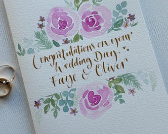 Hand Painted Wedding Card A5 -  Personalised with Calligraphy and Floral Roses