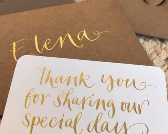 Personalised Kraft Envelope & Card - Gold Calligraphy, Wedding Place Card
