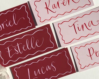Pink & Cherry Red Wavy Place Card - Hand Lettered in Calligraphy - Flat or Folded Place Card - Personalised on the Day Stationery