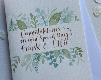 Hand Painted Wedding Card A5 -  Personalised with Calligraphy and Foliage