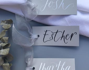 Handwritten Calligraphy Place Card with Silver Ribbon - Dove Grey