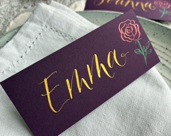 Plum Rose Calligraphy Place Cards – Hand Lettered Wedding Stationery