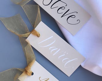 Calligraphy Place Cards - Almond Card - Gold Ribbon Wedding Seating