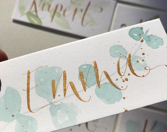 Handpainted Watercolour Leaf Place Card-Gold Calligraphy Wedding Stationery