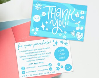 Blue Swirl Thank You Postcard -Digital File / Template / Download / Small Business / Customize / Doodle / Squiggle / Packaging / Trendy Cute