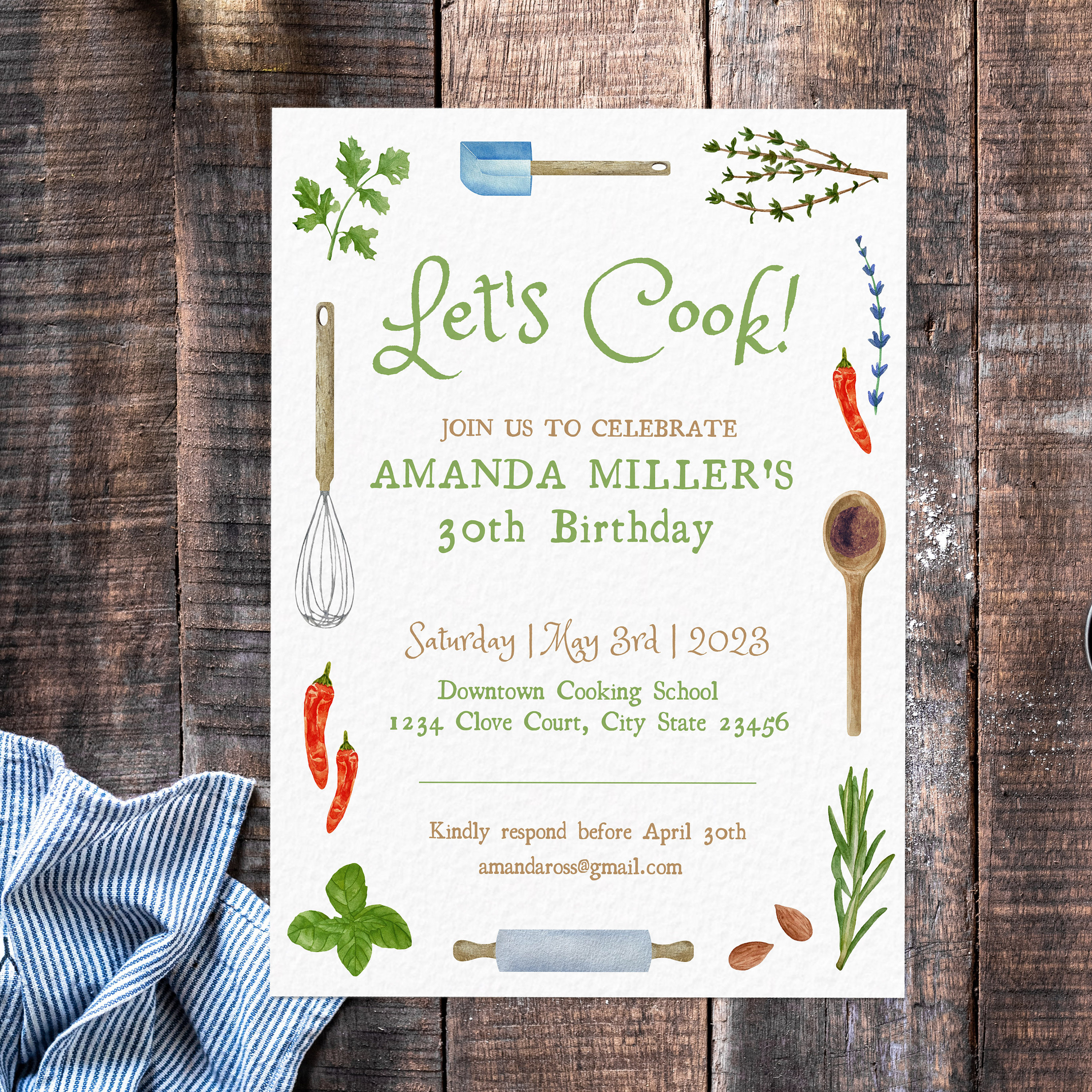 Cooking Party Invitation digital File / Template / Download / Green ...