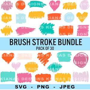 May include: A set of 30 brush stroke graphics in various colors and shapes, including hearts, circles, squares, and rectangles. The graphics are perfect for adding a hand-drawn look to your designs. "Brush Stroke Bundle, Pack of 30, SVG - PNG - JPEG"