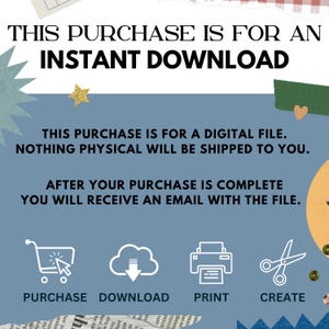 May include: A blue and white graphic with the text "This purchase is for an instant download."  The graphic also includes the text "This purchase is for a digital file. Nothing physical will be shipped to you." and "After your purchase is complete you will receive an email with the file."  Four icons are shown below the text: a shopping cart, a cloud with a download arrow, a printer, and a pair of scissors.