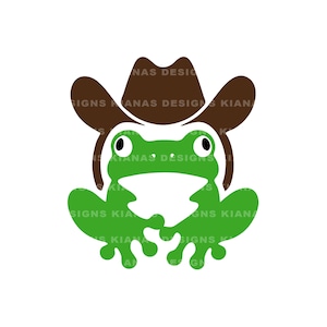 Op de afbeelding: Een groene kikker met een bruine cowboyhoed. De kikker heeft grote ogen en zit. De afbeelding is een vectorillustratie met de tekst "NAS DESIGNS KIANAS DESIGNS" op de achtergrond.