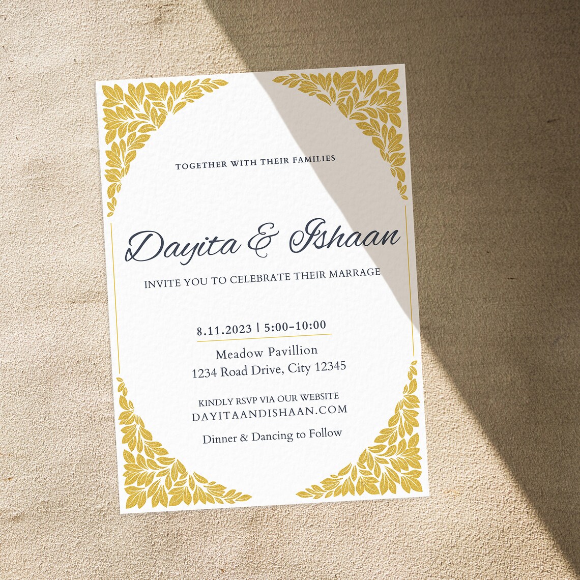 Wedding Invitation Gold digital File / Template / Download / Leaf Corners / Customize / Golden