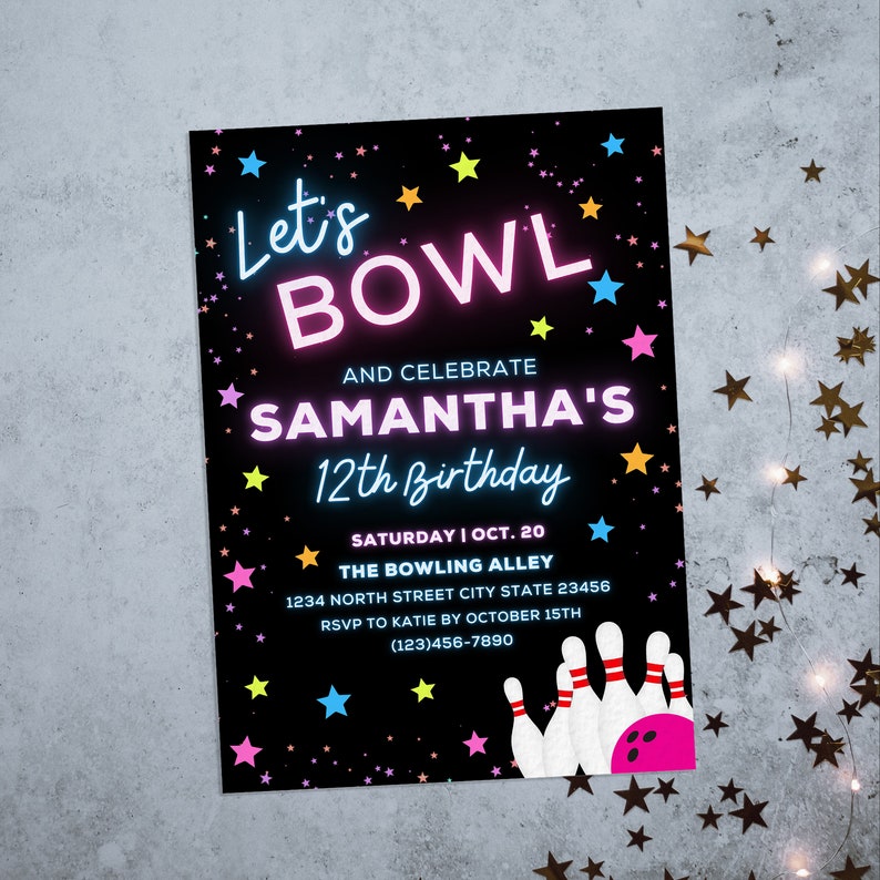 Lets Bowl Birthday InvitationDigital File Template Download Neon Glowing Customize Stars Party Teen 5x7 Girl Boy Bowling Dark