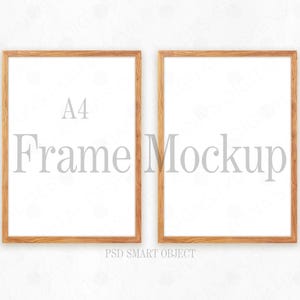 May include: Two wooden picture frames with white mats, each measuring A4 size. The frames are on a white textured background. The text "A4 Frame Mockup" is printed below the frames.